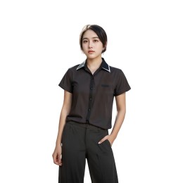Customized women's short-sleeved lapel shirt, designed brown contrasting white Hawaiian collar shirt, housekeeper top, hotel work clothes, Luhuan Haitian Resort Hotel R411 Customized women's short-sleeved lapel shirt, designed brown contrasting white Hawaiian collar shirt, housekeeper top, hotel work clothes, Luhuan Haitian Resort Hotel R411